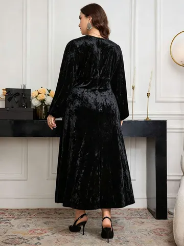 Plus Size Herbst Winter Vintage Samt V-Ausschnitt Laterne Langarm Midi Kleid Damen Elegantes Einfarbiges Langes Kleid