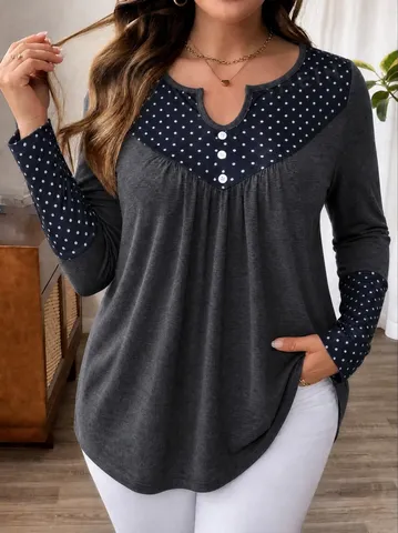 Grande Taille Femmes Automne Pois Épicé Manches Longues Col V Top Bouton Plissé Décontracté Ample Amincissant Pull Blouse