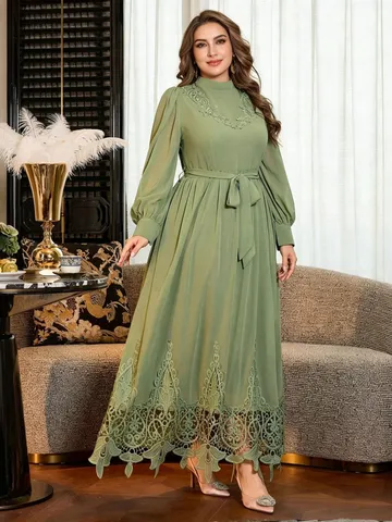 Große Größen Damen Herbst Langarm Stehkragen Spitze Patchwork Tunnelzug Taille Lose Maxi Kleid Elegantes Pendler Freizeitkleid