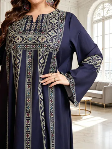 Plus Size Women Navy Blue Long Robe Ethnic Floral Print Bell Sleeve Maxi Dress Elegant Banquet Evening Gown Partywear