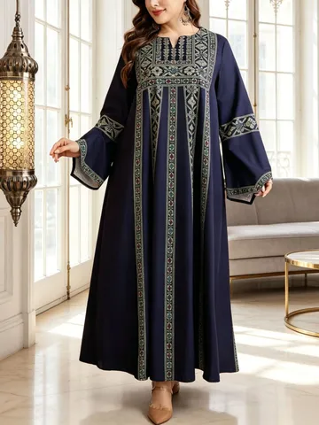 Plus Size Women Navy Blue Long Robe Ethnic Floral Print Bell Sleeve Maxi Dress Elegant Banquet Evening Gown Partywear