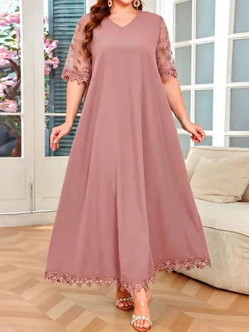 Plus Size Damen Sommer V-Ausschnitt Spitzenbesatz Kurzarm Locker Urlaub Freizeit Lang Maxikleid Einfarbig