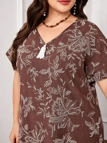 Women Plus Size Vintage Floral Print V-Neck Tassel Short Sleeve Loose Long Robe Casual Summer Maxi Dress