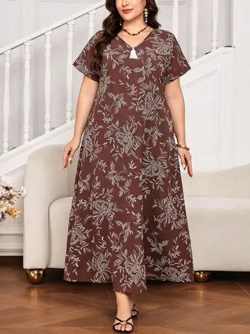 Women Plus Size Vintage Floral Print V-Neck Tassel Short Sleeve Loose Long Robe Casual Summer Maxi Dress
