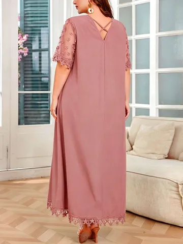 Plus Size Damen Sommer V-Ausschnitt Spitzenbesatz Kurzarm Locker Urlaub Freizeit Lang Maxikleid Einfarbig