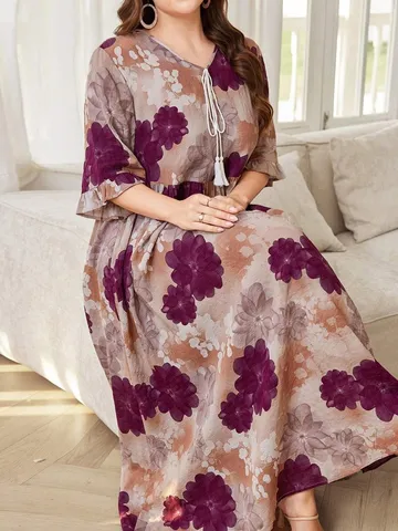 Γυναικείο Plus Size Vintage Φλοράλ Maxi Φόρεμα V-Neck με Κορδόνι Φούντας Casual Χαλαρό Πολυεστερικό Μακρύ Φόρεμα