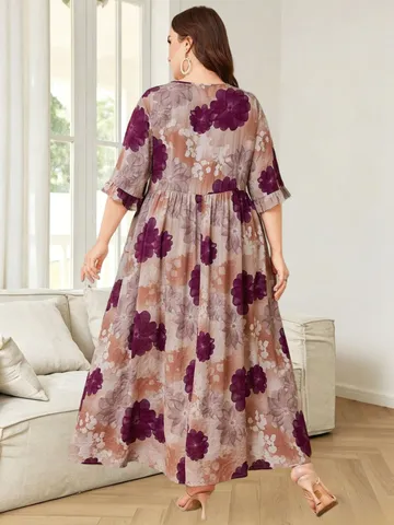 Γυναικείο Plus Size Vintage Φλοράλ Maxi Φόρεμα V-Neck με Κορδόνι Φούντας Casual Χαλαρό Πολυεστερικό Μακρύ Φόρεμα