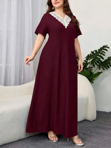 Plus Size Sommer Spitze V-Ausschnitt Kurzarm Texturiert Lang Maxi Kleid Lose Lässig Elegant Damen Alltag Kleid