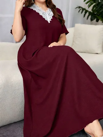 Plus Size Sommer Spitze V-Ausschnitt Kurzarm Texturiert Lang Maxi Kleid Lose Lässig Elegant Damen Alltag Kleid