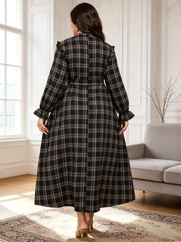Übergröße Herbst Winter Vintage Karo Stehkragen Langarm Kleid Damen Elegantes Casual Schnürung Taille Schlankmachendes Maxikleid
