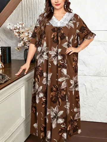 Übergröße Damen Sommer Vintage Blumen Gedruckt Spitze V-Ausschnitt Halbarm Lose Lange Kleid Elegante Lässige Maxi Kleid
