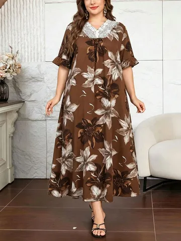 Übergröße Damen Sommer Vintage Blumen Gedruckt Spitze V-Ausschnitt Halbarm Lose Lange Kleid Elegante Lässige Maxi Kleid