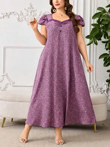 Übergröße Französisch Vintage Blumenmuster Viereckiger Ausschnitt Kurze Puffärmel Lose Lange Maxikleid Für Frauen Sommer