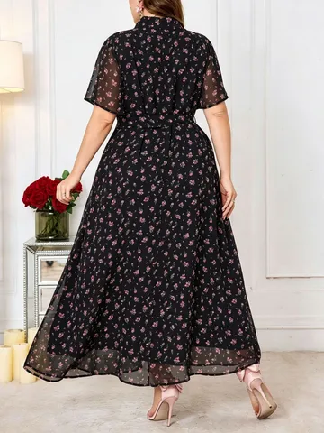 Sommer Neu Schwarz Blumen Umlegekragen Kurzarm Schnürung Taille Lose Lässig Langes Kleid Elegantes Übergrößen Kleid Für Damen