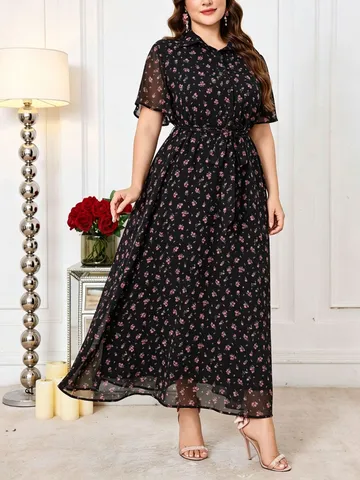 Sommer Neu Schwarz Blumen Umlegekragen Kurzarm Schnürung Taille Lose Lässig Langes Kleid Elegantes Übergrößen Kleid Für Damen
