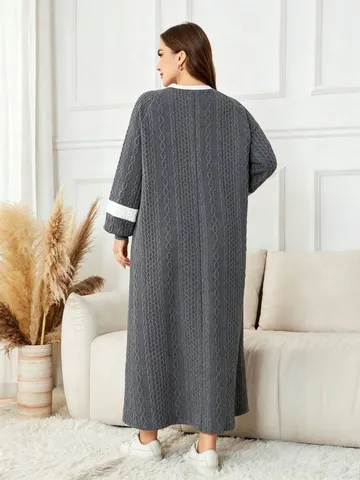 Übergröße Damen Casual Langarm Rundhals Farbblock A-Linie Maxi Kleid Herbst Winter Locker Warm Geknitterte Robe