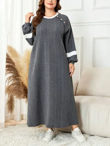 Übergröße Damen Casual Langarm Rundhals Farbblock A-Linie Maxi Kleid Herbst Winter Locker Warm Geknitterte Robe