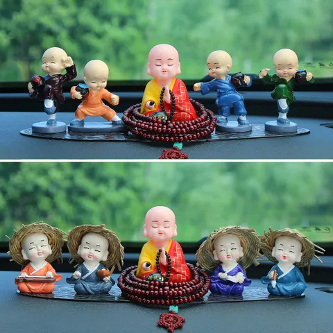 Solar Zen Mönch Figur Set Auto Armaturenbrett Ornamente Kreative Inneneinrichtung Harz Buddha Statue Mit Perlen Und Kissen