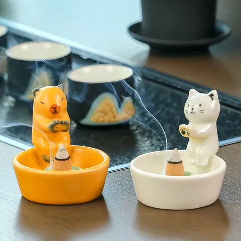 Quemador de Incienso de Cerámica Creativo Animal Lindo Gato Censer de Aroma Moderno Minimalista Decoración de Escritorio para Hogar Oficina