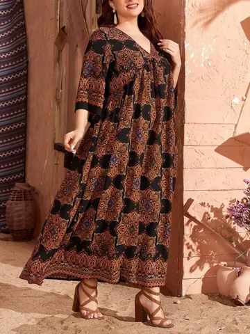 Damen Plus Size Bohem Blumen Druck V-Ausschnitt Dreiviertelarm Maxikleid Lässig Urlaub Langes Kleid