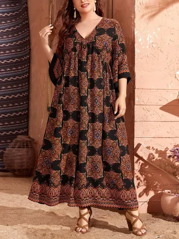 Damen Plus Size Bohem Blumen Druck V-Ausschnitt Dreiviertelarm Maxikleid Lässig Urlaub Langes Kleid