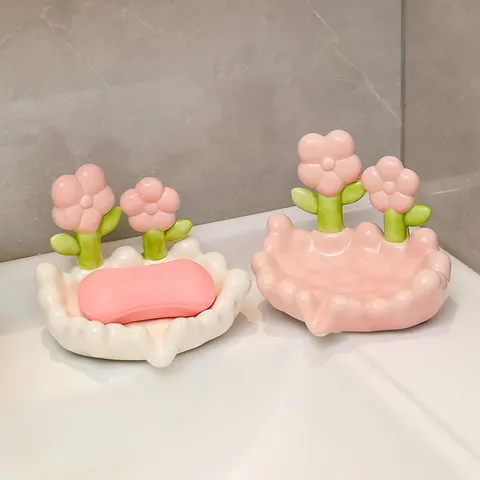 Jabonera de Cerámica Creativa Drenaje Tulipán Floral Lindo Soporte de Jabón de Baño Bandeja de Jabón de Lujo para Decoración del Hogar