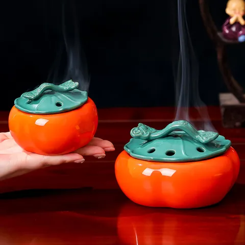Estilo Chino Cerámica Caqui Quemador De Incenso Lindo Forma De Fruta Difusor De Aroma Hogar Escritorio Decorativo Soporte De Incenso