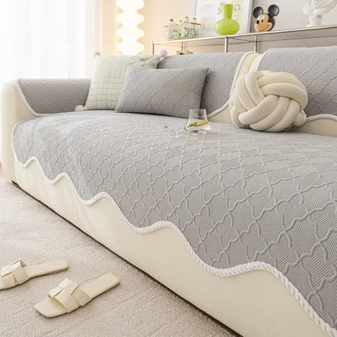 French Cream Style Ice Silk Sofa Cushion Cool Anti Slip Dirt Resistant Sofa Cooling Mat Quilted Slipcover Living Room Home Decor