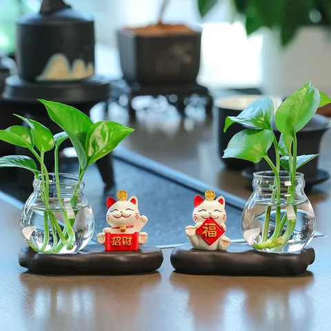 Jarrón de Planta Hidropónica de Escritorio Creativo Adorno de Resina Estilo Chino Planta Verde Botella de Vidrio Decoración