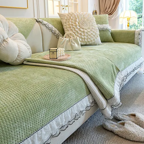 Chenille Sofa Cushion Cover Modern Luxury Waffle Grid Slipcover Lace Ruffle Edge Anti-slip Furniture Protector For Home