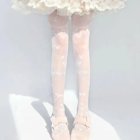 Sweet Lolita Pantyhose Women Over The Knee Thigh High Stockings Cute Bow Cross Straps Transparent Tights