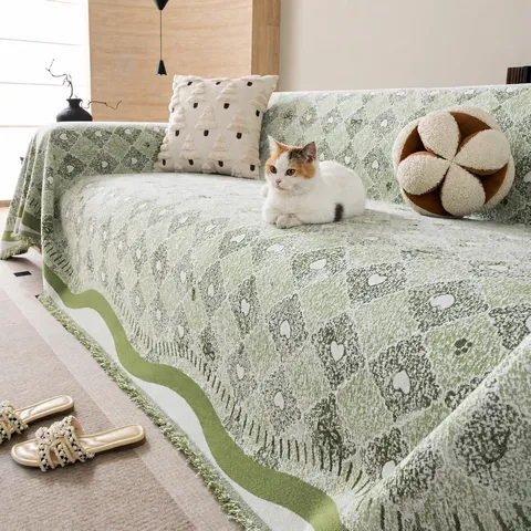 Chenille Sofa Cover Blanket Minimalist Modern Tassel Anti-Cat Scratch Furniture Protector For Living Room