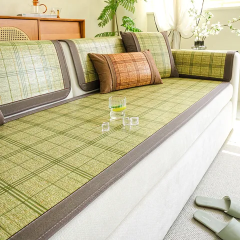 Summer Bamboo Rattan Sofa Cushion Cool Mat Plaid Slip-Resistant Couch Cover Protector Roll-Up Storage Living Room Home Decor