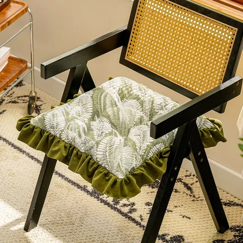French Retro Style Chenille Dining Chair Cushion Botanical Leaf Print Ruffle Trim Non-Slip Seat Pad