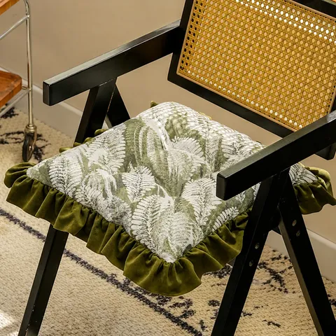 French Retro Style Chenille Dining Chair Cushion Botanical Leaf Print Ruffle Trim Non-Slip Seat Pad