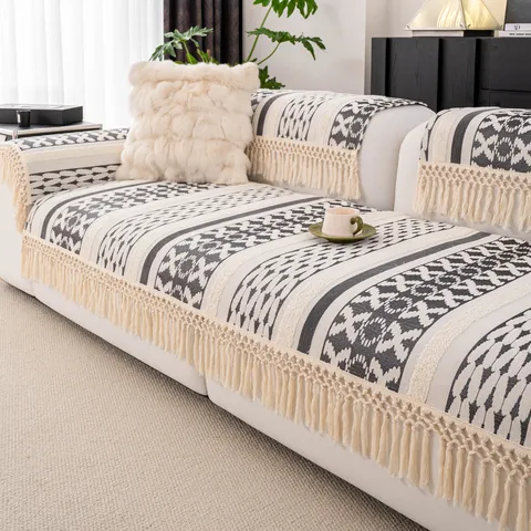 Chenille Sofa Cushion Cover Anti-Slip Jacquard Sectional Couch Slipcover Tassel Furniture Protector For Living Room
