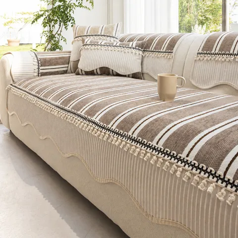 Französischer Stil Chenille Sofakissenbezug Rutschfest Gestreiftes Sofatuch Mit Quasten Wohnzimmer Heimtextil Dekor