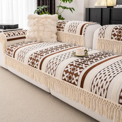 Chenille Sofa Cushion Cover Anti-Slip Jacquard Sectional Couch Slipcover Tassel Furniture Protector For Living Room
