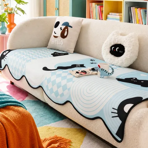 Summer Ice Silk Cartoon Sofa Cushion Blue Cat Print Non Slip Sofa Cover Protector Living Room Home Decor Slipcover