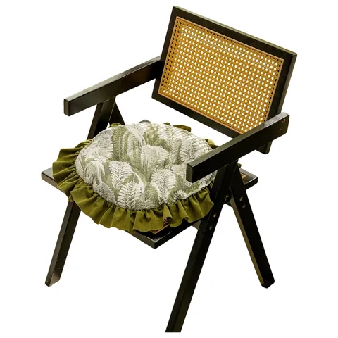 French Vintage Round Chair Cushion Chenille Plant Leaf Printed Seat Pad With Ruffle Edge For Dining Room Home Decor