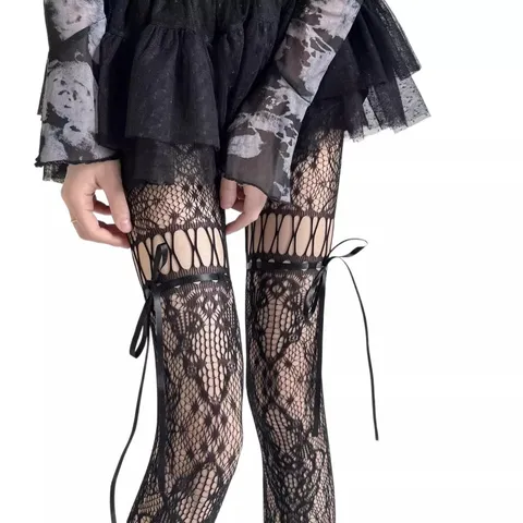 Damen Y2K Retro Hohl Spitze Schleife Band Strumpfhose Sexy Gothic Hot Girl Netz Strumpfhosen Japanische Lolita Strümpfe Beinbekleidung