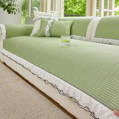 Ice Silk Waffle Sofa Cushion Ruffled Lace Edge Cooling Anti-Slip Summer Sofa Cover Furniture Protector