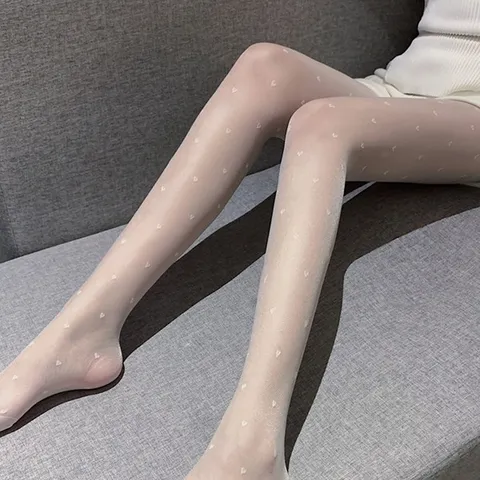 Women Sexy Transparent Thin Pantyhose Heart Polka Dot Print Tights Lolita Japanese Style Elastic Legwear