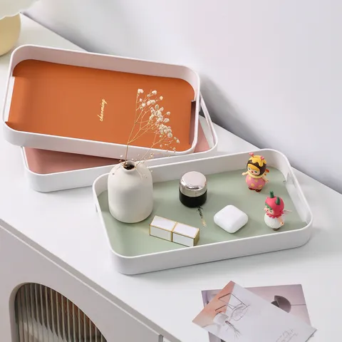 Nordic Style Light Luxury Plastic Leather Decorative Tray Rectangular Desktop Storage Organizer Tray For Living Room Entrance Vanity Home Decor