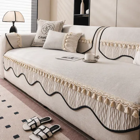 Modern Luxury Ice Silk Sofa Cushion Non Slip Tassel Sofa Mat All Seasons Living Room Protective Sofa Cover