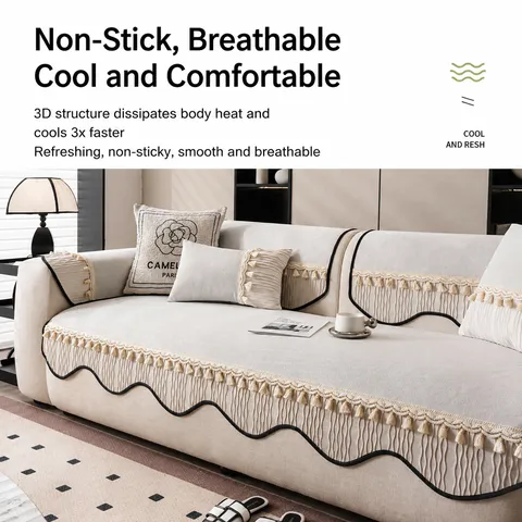 Modern Luxury Ice Silk Sofa Cushion Non Slip Tassel Sofa Mat All Seasons Living Room Protective Sofa Cover