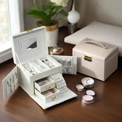 Large Capacity PU Leather Jewelry Box With Mirror And Drawers Portable Travel Jewelry Organizer Rings Necklace Storage