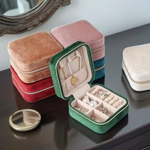 Portable Velvet Jewelry Organizer Box Mini Travel Jewellery Case For Ring Earring Necklace Storage With Gold Zipper Luxury Gift For Women