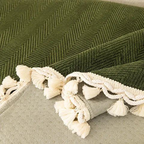 Chenille Sofa Cushion Retro Green Herringbone Couch Cover With Tassels Anti Slip Living Room Furniture Protector Pad