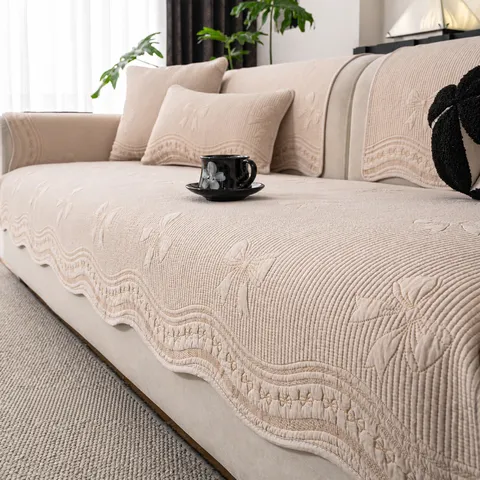 French Cream Style Cotton Sofa Cushion Solid Color Embroidered Slipcover Decorative Cover For Home Living Room